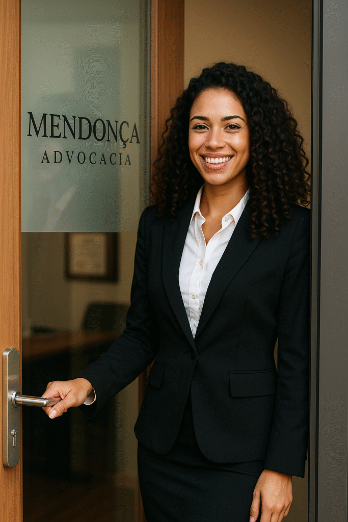 Jovem advogada sorrindo ao abrir seu próprio escritório de advocacia, Mendonça Advocacia.