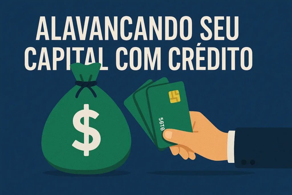 Saco de dinheiro e mão segurando cartões de crédito, representando o uso estratégico do crédito para alavancar capital