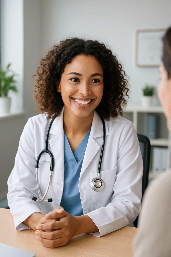 Dra. Ana Beatriz Costa atendendo paciente em consultório médico moderno.
