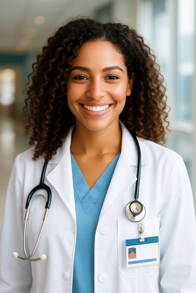 Ana Beatriz Costa, jovem médica brasileira, sorrindo com jaleco branco em hospital moderno.