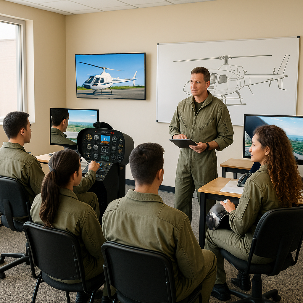 Alunos em treinamento de piloto de helicóptero usando simuladores em sala de instrução.
