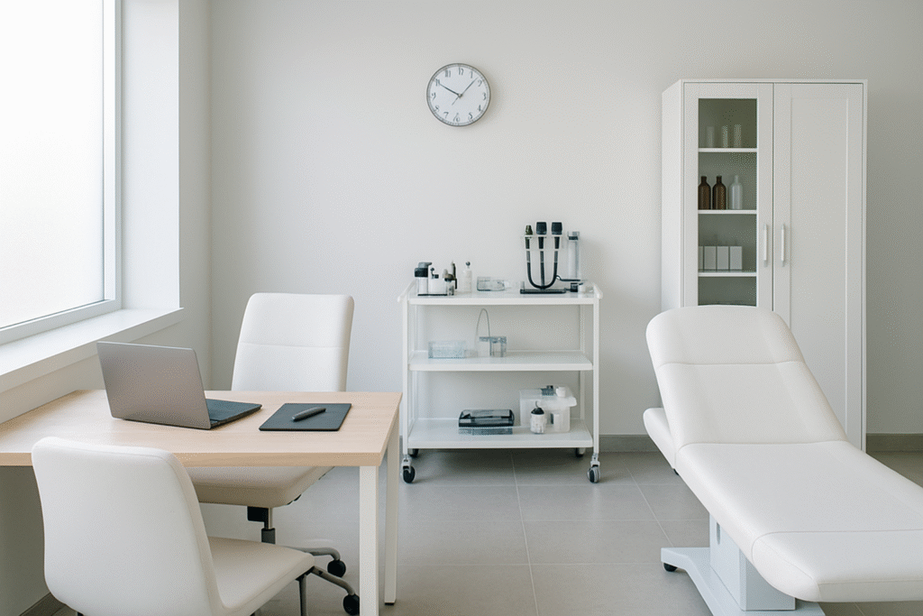 Consultório médico moderno, clean e equipado para atendimento clínico profissional.
