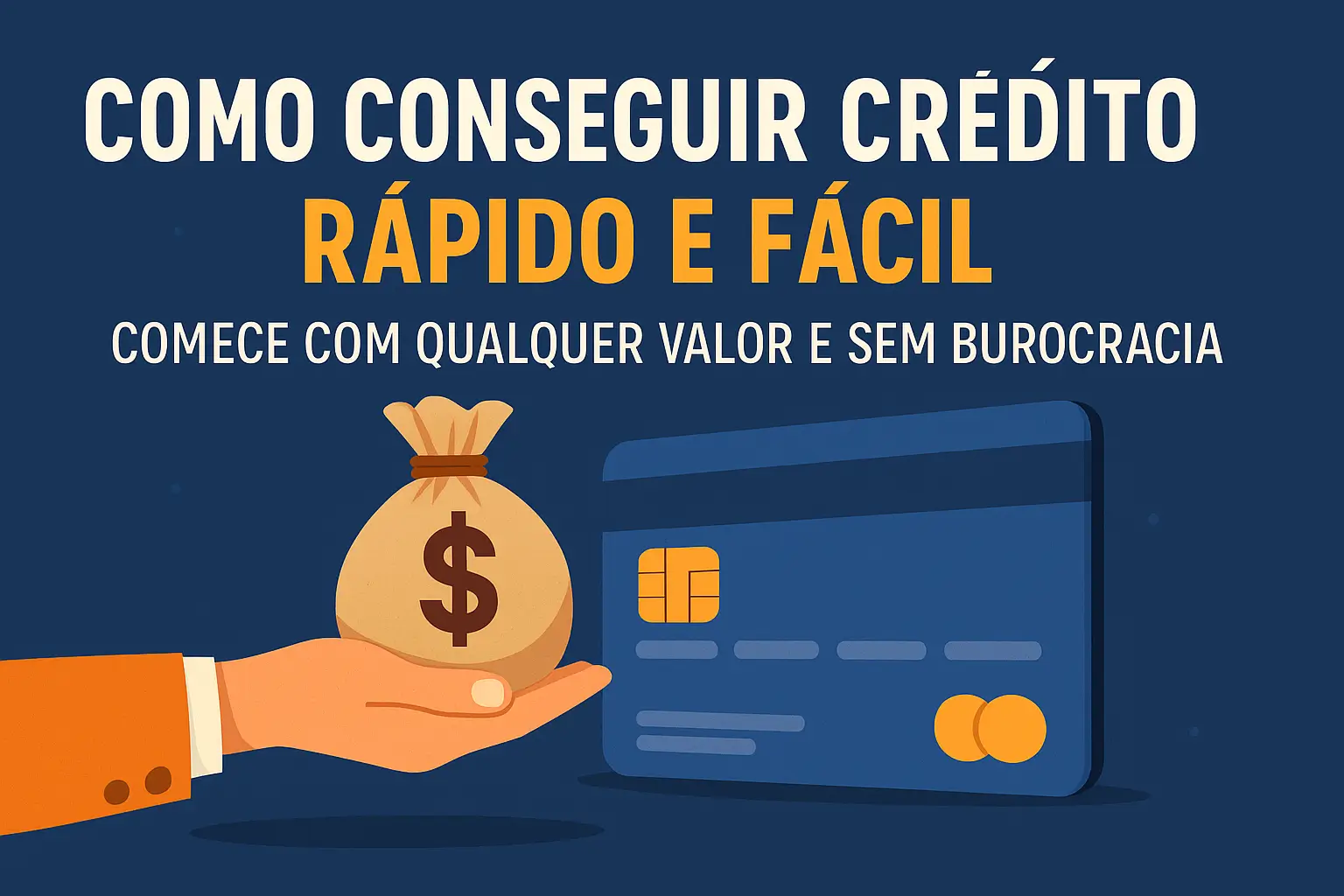 Banner com frase como conseguir crédito rápido e fácil, com mão segurando saco de dinheiro e cartão de crédito
