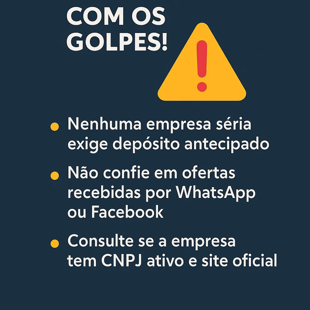 Alerta visual com dicas para evitar golpes ao buscar empréstimos, como não pagar taxas antecipadas e evitar ofertas por redes sociais