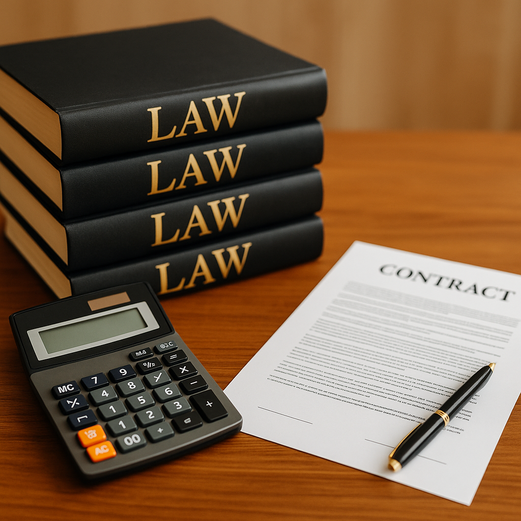 Pilha de livros de Direito com calculadora e contrato representando custos de formação.