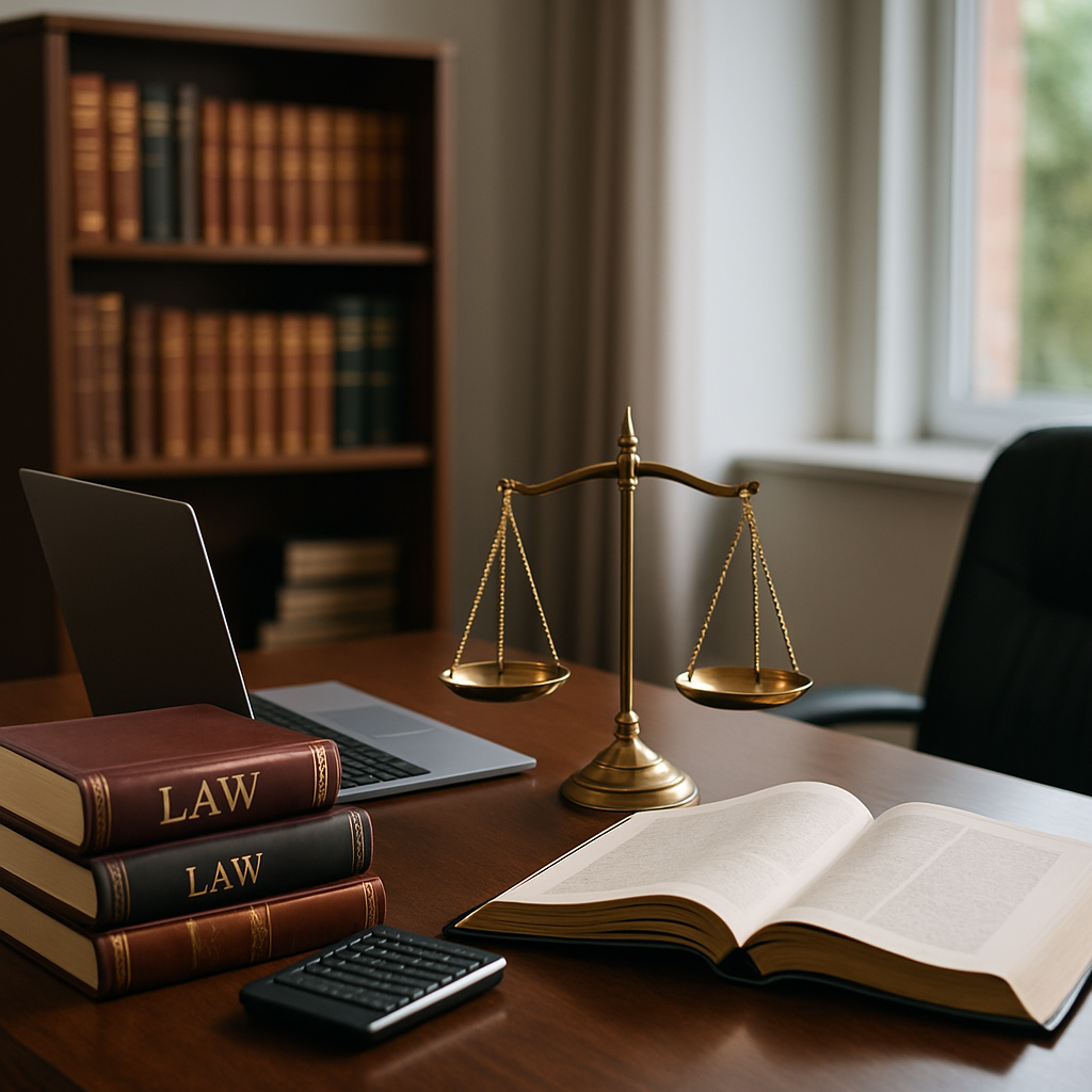 Escritório de advocacia moderno com mesa de madeira, balança da justiça e livros de Direito