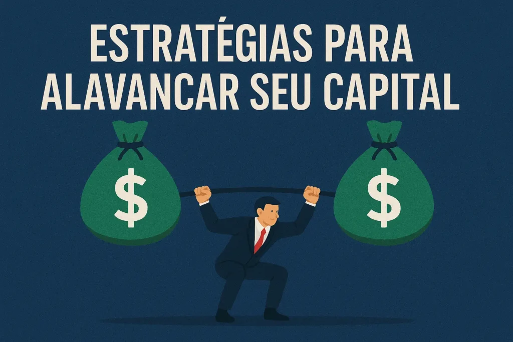 Homem de terno levantando pesos feitos de sacos de dinheiro, simbolizando estratégias de alavancagem de capital