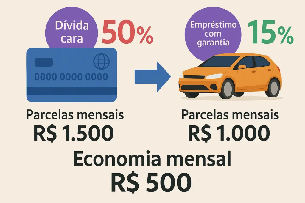 Comparativo entre dívida cara de cartão a 50% e empréstimo com garantia a 15%, mostrando economia de R$ 500 por mês