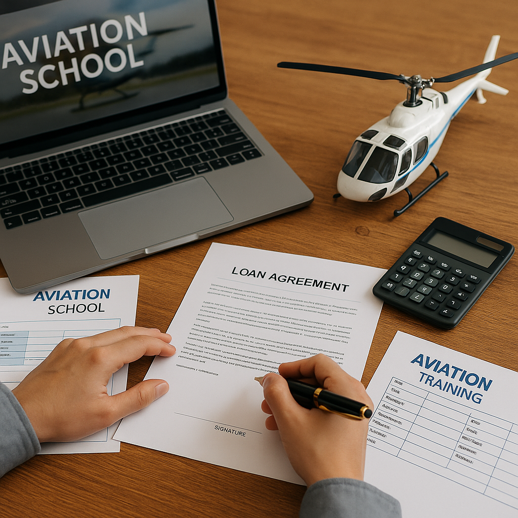 Mãos assinando contrato de financiamento para formação de piloto, com laptop e documentos.