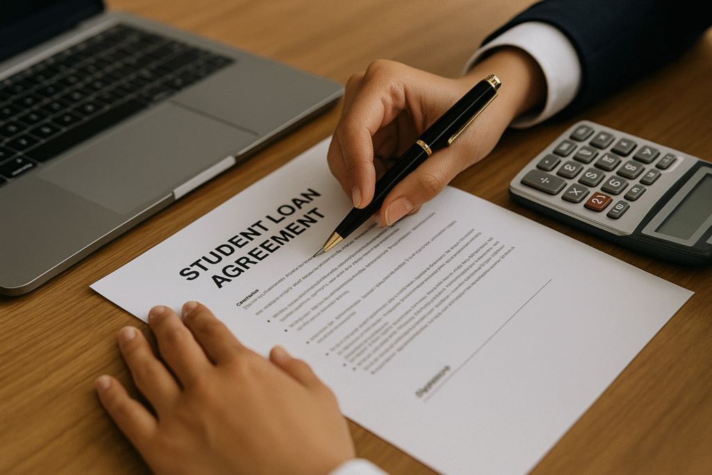 Mãos assinando contrato de financiamento estudantil para curso de Direito.