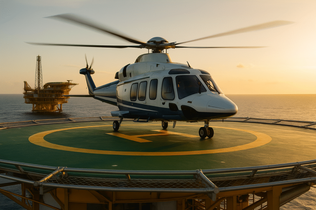 Helicóptero pousando em plataforma offshore, simbolizando o mercado de trabalho da aviação.
