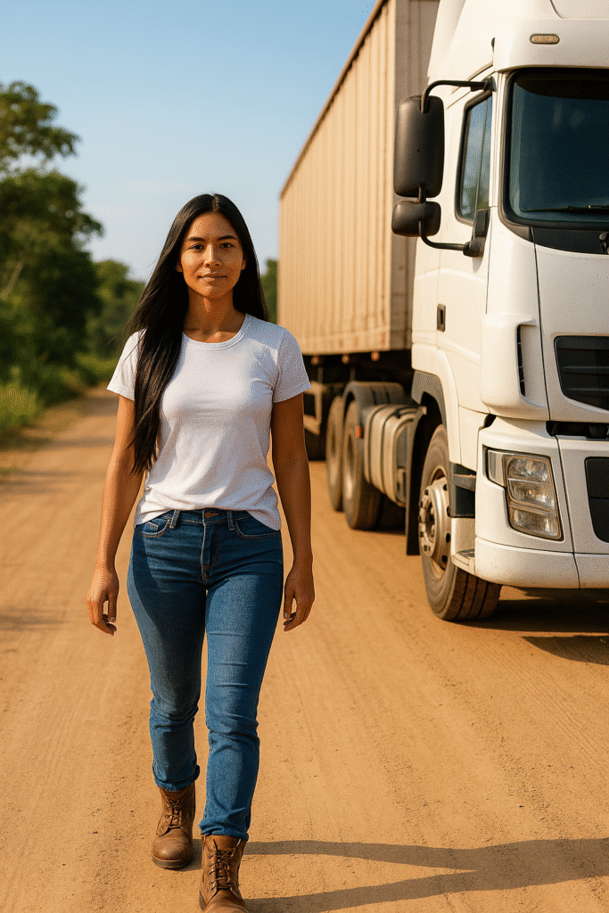 Isabela Nunes caminhando ao lado de seu caminhão em uma estrada rural.