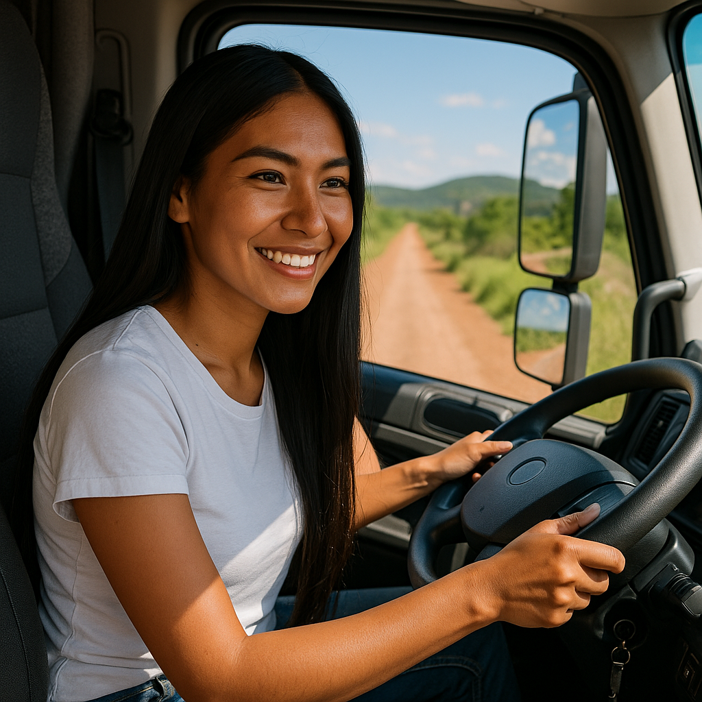 Isabela Nunes sorrindo enquanto dirige seu caminhão pelas estradas do Brasil.