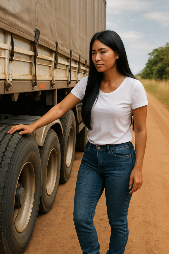 Isabela Nunes conferindo a carga e inspecionando seu caminhão em uma parada de estrada.