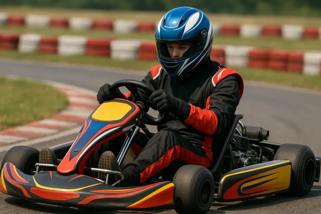Jovem piloto com traje de corrida pilotando kart em pista profissional ao ar livre