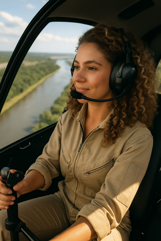 Vista interna de Marcela Torres pilotando um helicóptero com concentração e profissionalismo.