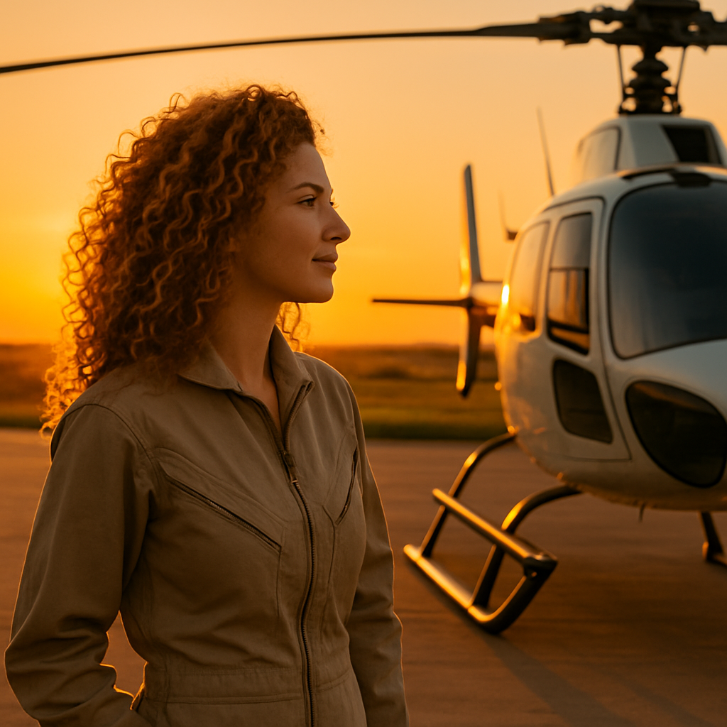Marcela Torres admirando o pôr do sol ao lado do helicóptero, simbolizando liberdade e conquista.