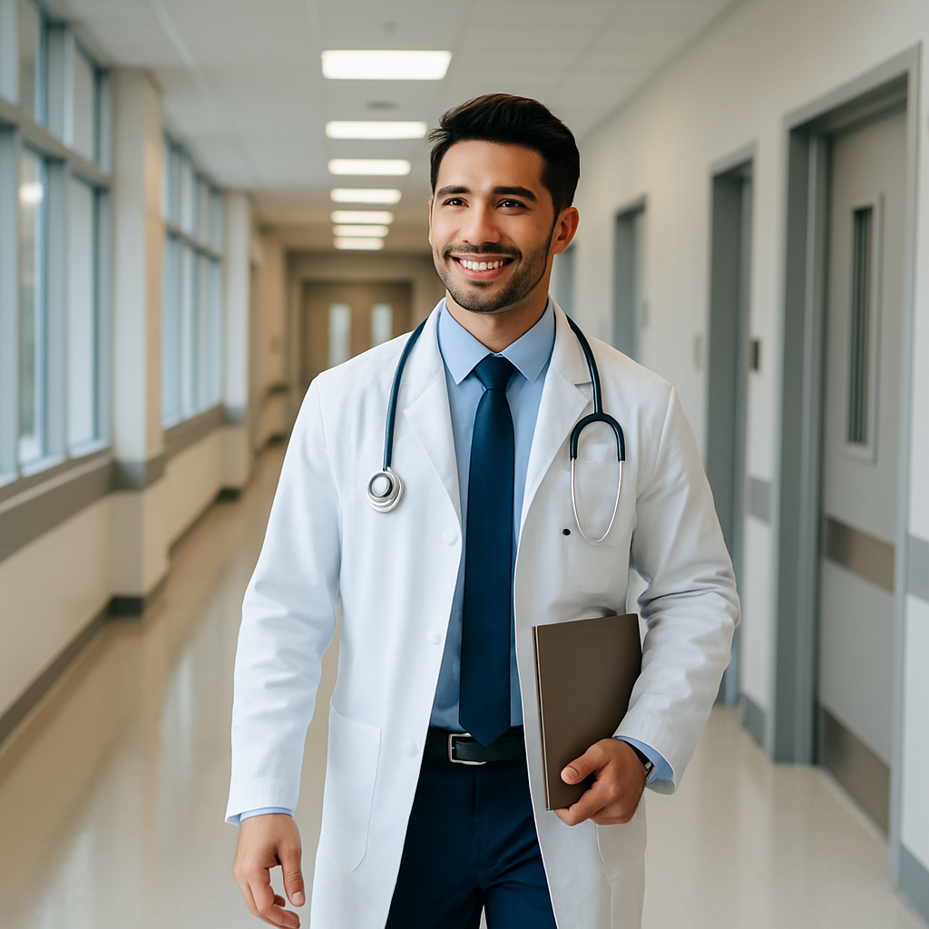 Jovem médico caminhando em corredor de hospital com jaleco branco e prancheta nas mãos.