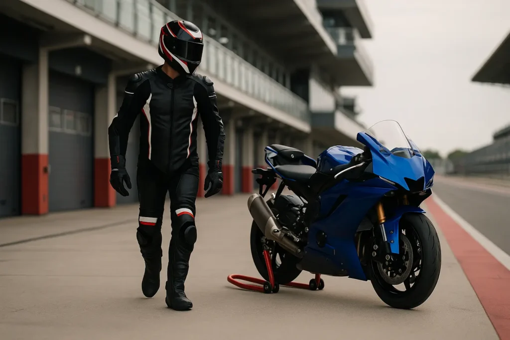 Piloto caminhando nos boxes de autódromo ao lado de moto esportiva azul sobre cavalete de paddock