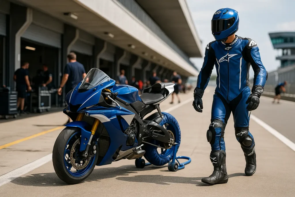Piloto de motovelocidade andando nos boxes ao lado de moto esportiva azul com suporte de paddock