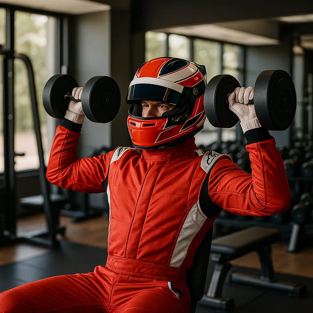 Piloto de Fórmula 1 com traje de corrida fazendo exercício com halteres em academia moderna