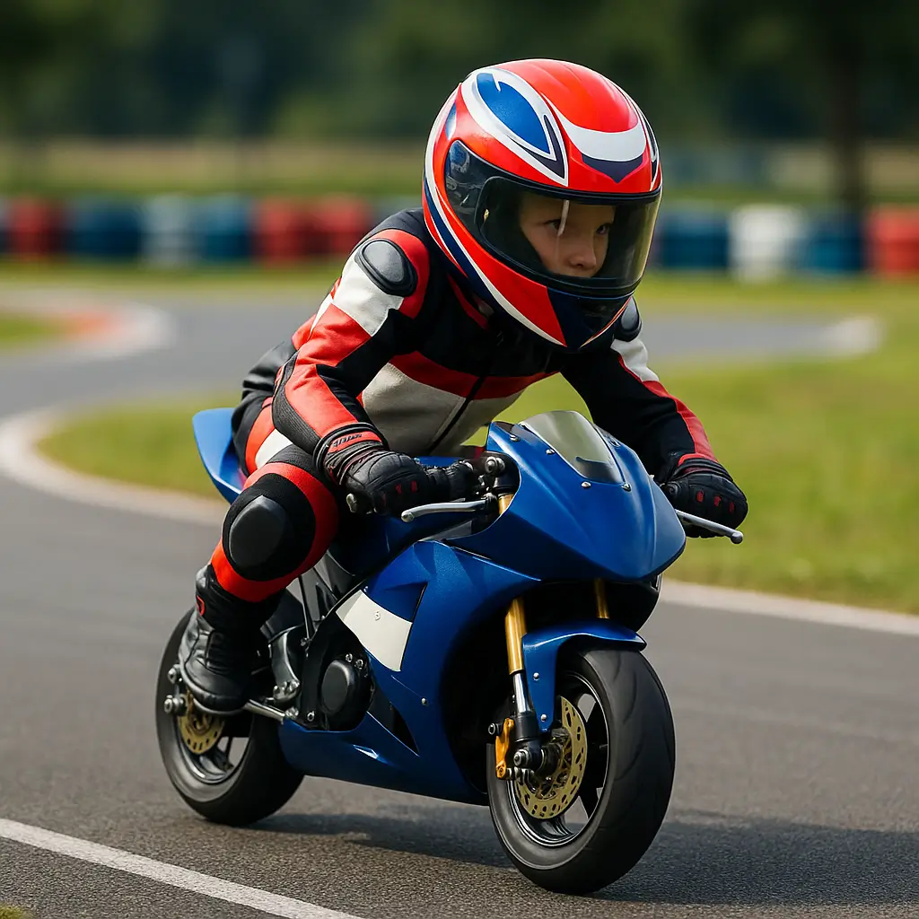 Criança pilotando mini moto em pista fechada, com traje de corrida completo