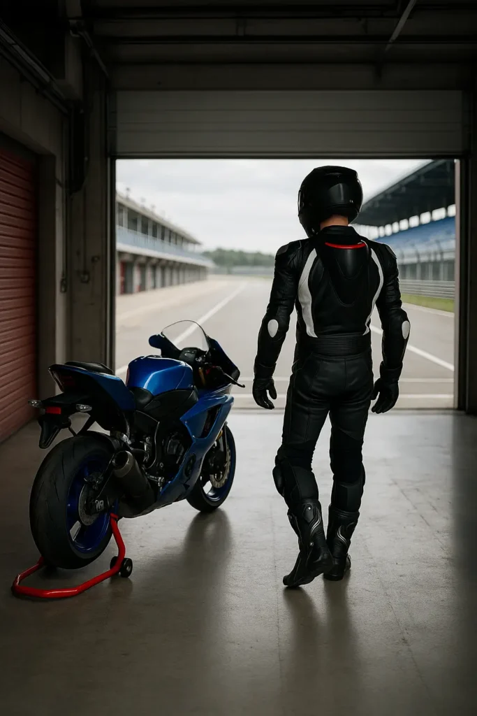 Piloto de motovelocidade observando a pista a partir dos boxes com moto azul ao lado