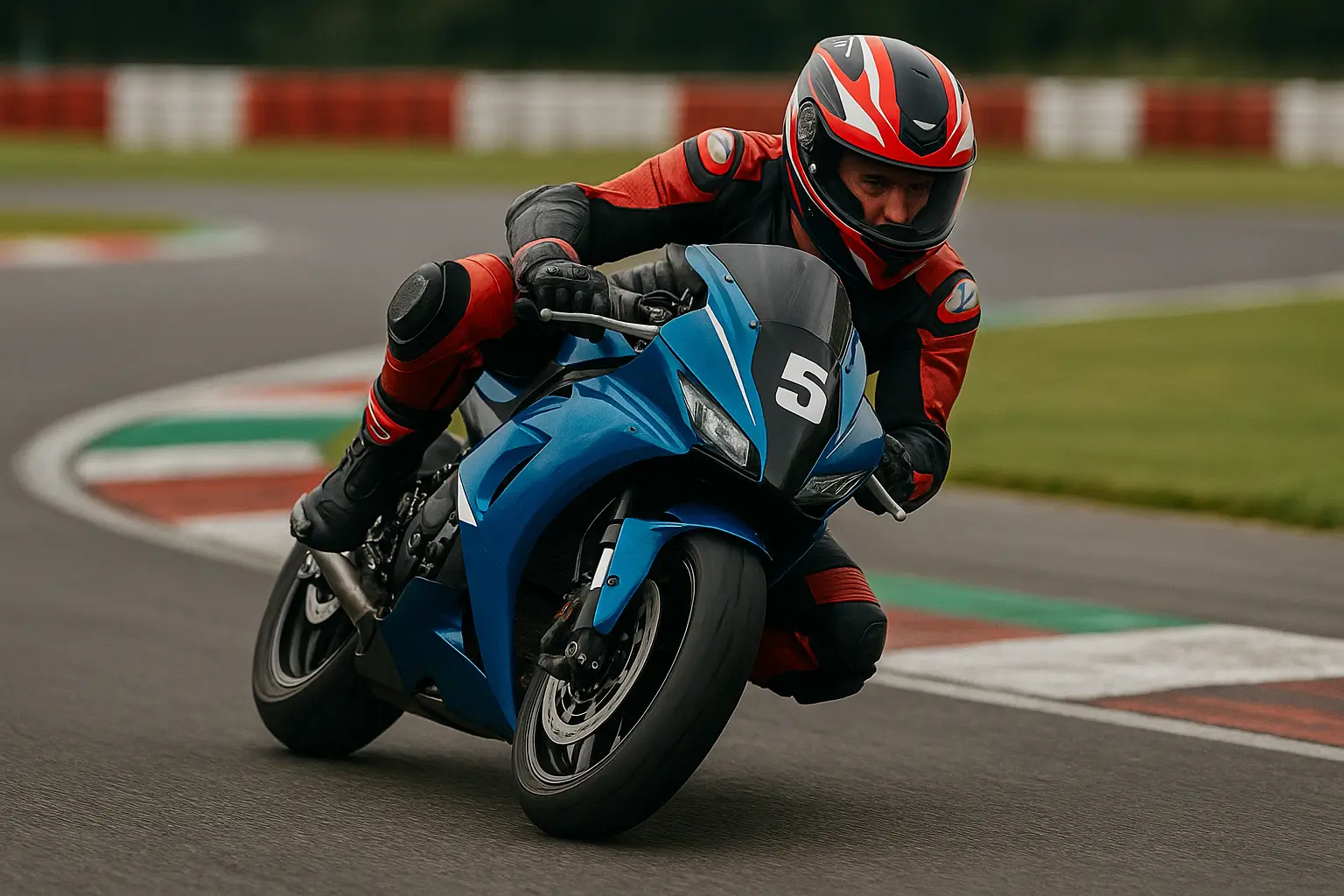 Piloto de motovelocidade em moto azul fazendo curva em circuito profissional