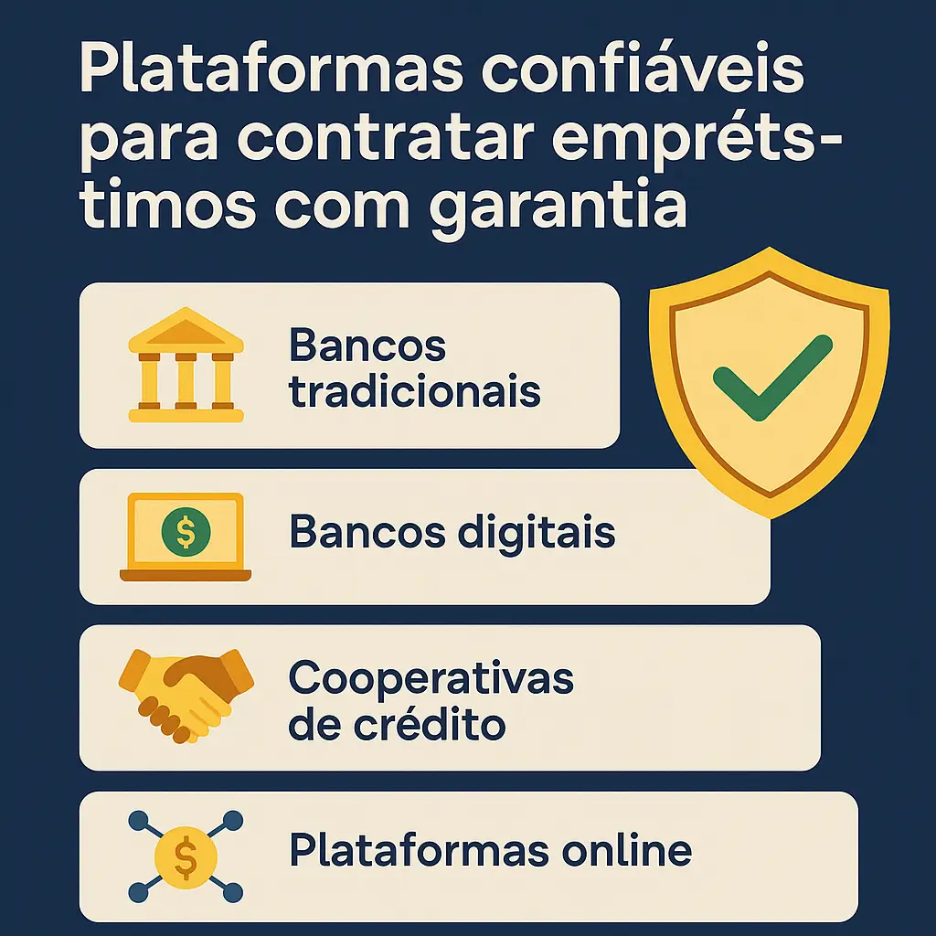 Infográfico com quatro categorias de instituições que oferecem empréstimo com garantia: bancos tradicionais, digitais, cooperativas e plataformas online