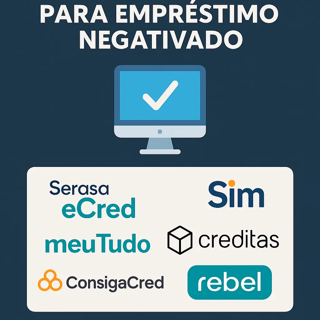 Logos de plataformas confiáveis para empréstimo mesmo com nome sujo, como Serasa eCred, Creditas e Rebel