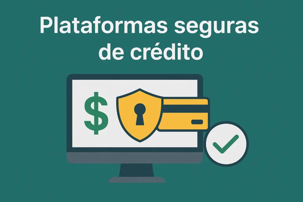 Ilustração com computador, escudo de segurança e cartão, representando plataformas de crédito confiáveis