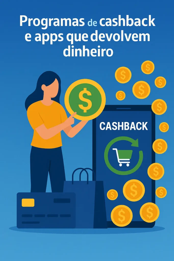 Mulher usando app de cashback, com moedas e símbolos de economia ao redor do celular