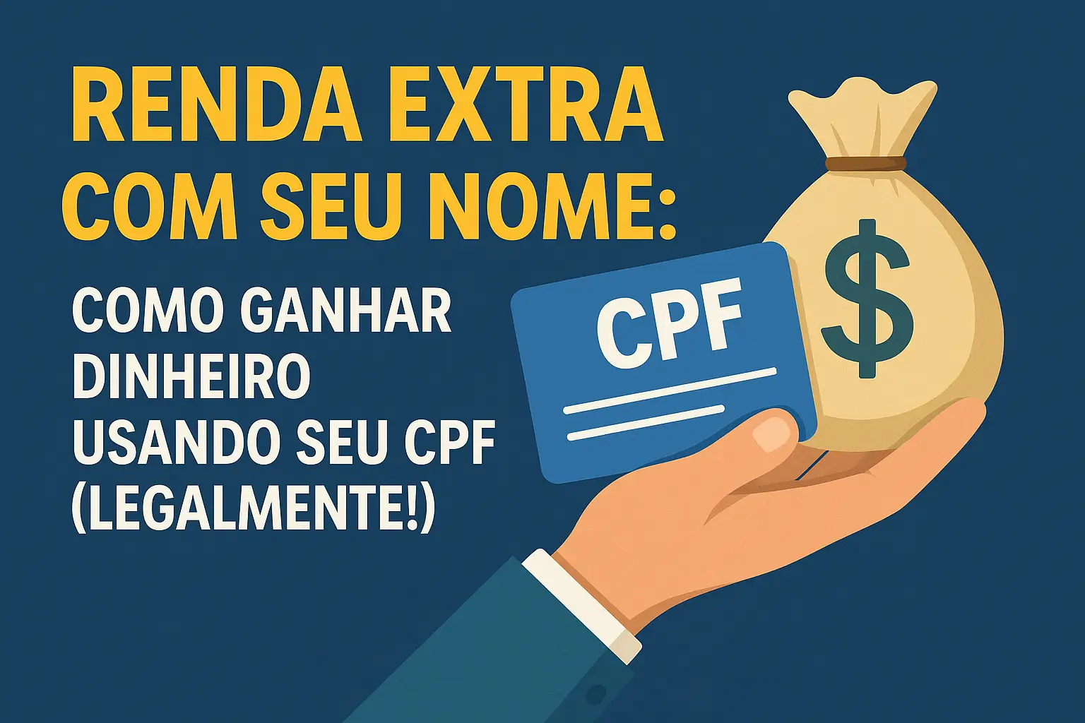 Banner com frase sobre ganhar dinheiro usando o CPF, com mão segurando cartão e saco de dinheiro