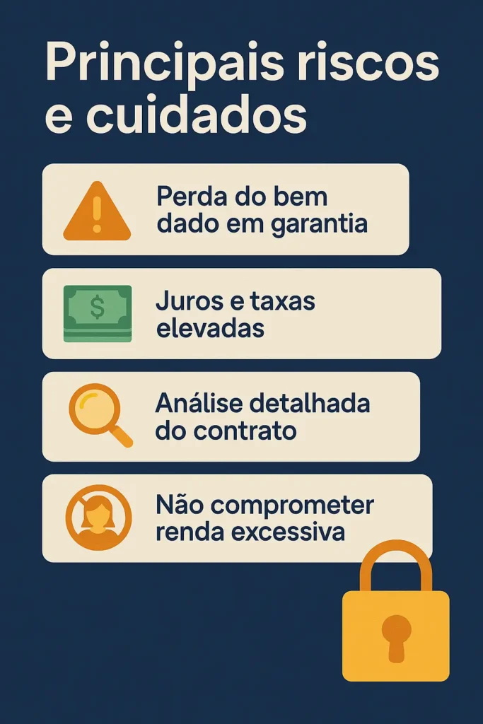 Infográfico com quatro riscos principais de empréstimos com garantia: perda do bem, juros altos, análise do contrato e comprometimento de renda