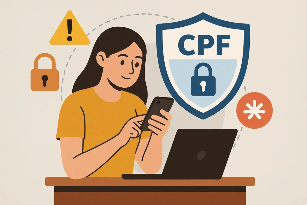Mulher usando o celular com ícones de segurança e um escudo de proteção com a sigla CPF