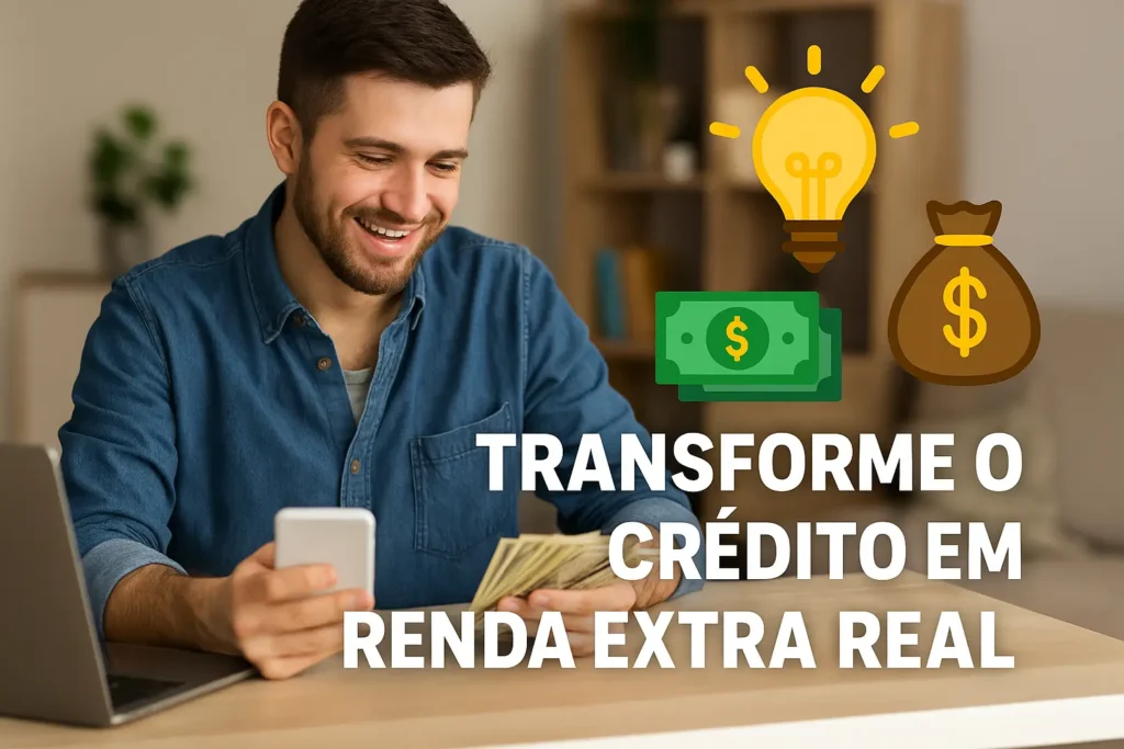 Homem feliz contando dinheiro, com ícones de lâmpada, cédula e saco de dinheiro e a frase: transforme o crédito em renda extra real