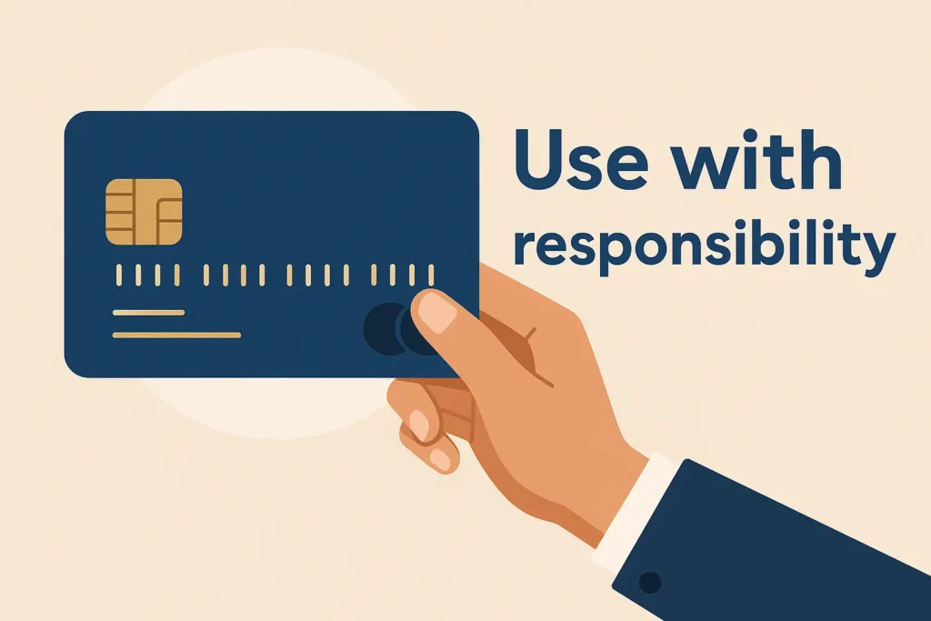 Cartão de crédito sendo segurado com a frase 'Use com responsabilidade', reforçando o uso consciente do crédito