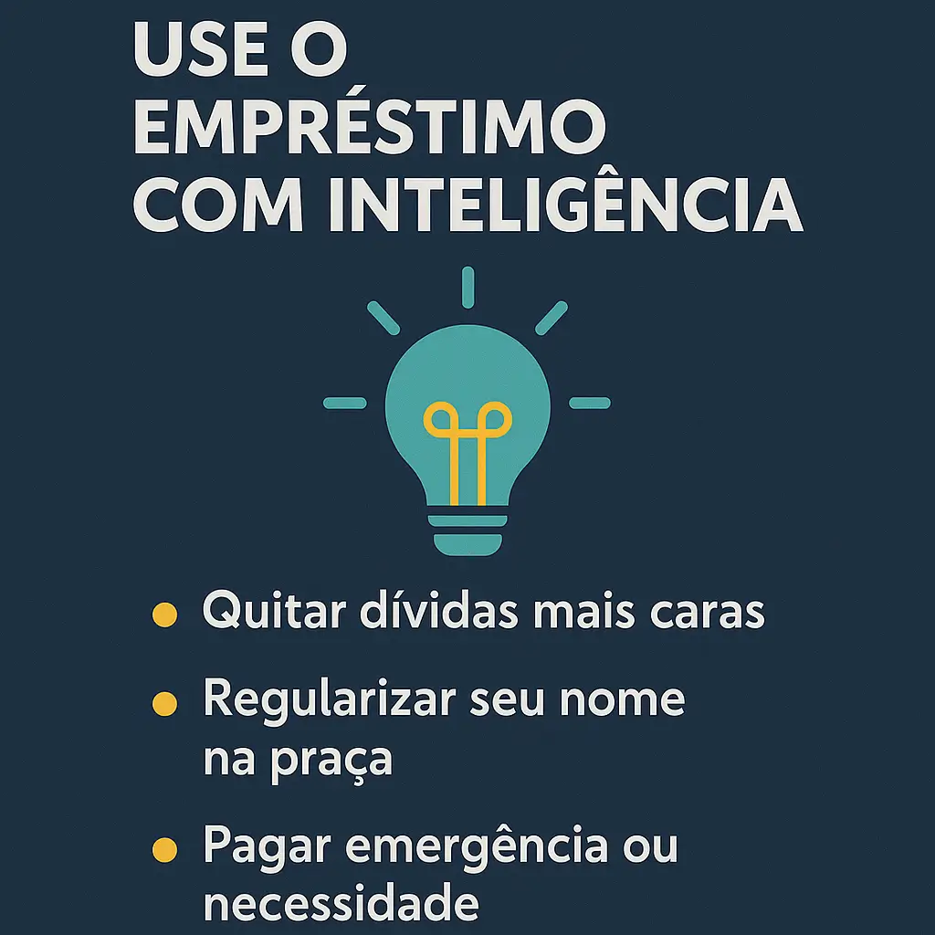 Lâmpada acesa com dicas para usar empréstimos de forma inteligente, como quitar dívidas caras e regularizar o nome