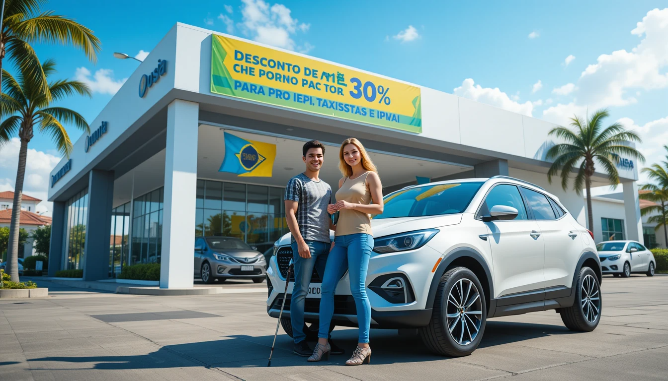 Um casal brasileiro, incluindo uma pessoa com bengala, posa sorrindo em frente a um SUV novo em uma concessionária ensolarada. Um letreiro ao fundo diz 'Desconto de até 30% para PcD, Taxistas e MEI', com palmeiras e um banner destacando isenções de IPI, ICMS e IPVA.