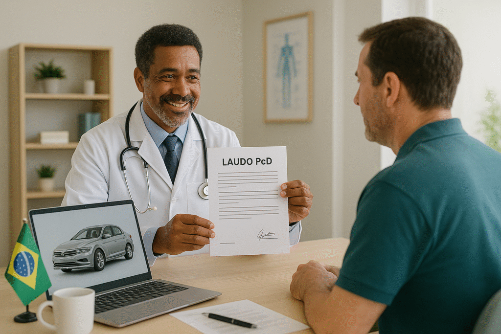 Um médico em um consultório moderno no Brasil explica um laudo PcD a um paciente. Uma imagem de carro aparece na tela do laptop, simbolizando o desconto para PcD, com uma bandeira brasileira e uma xícara de café na mesa.