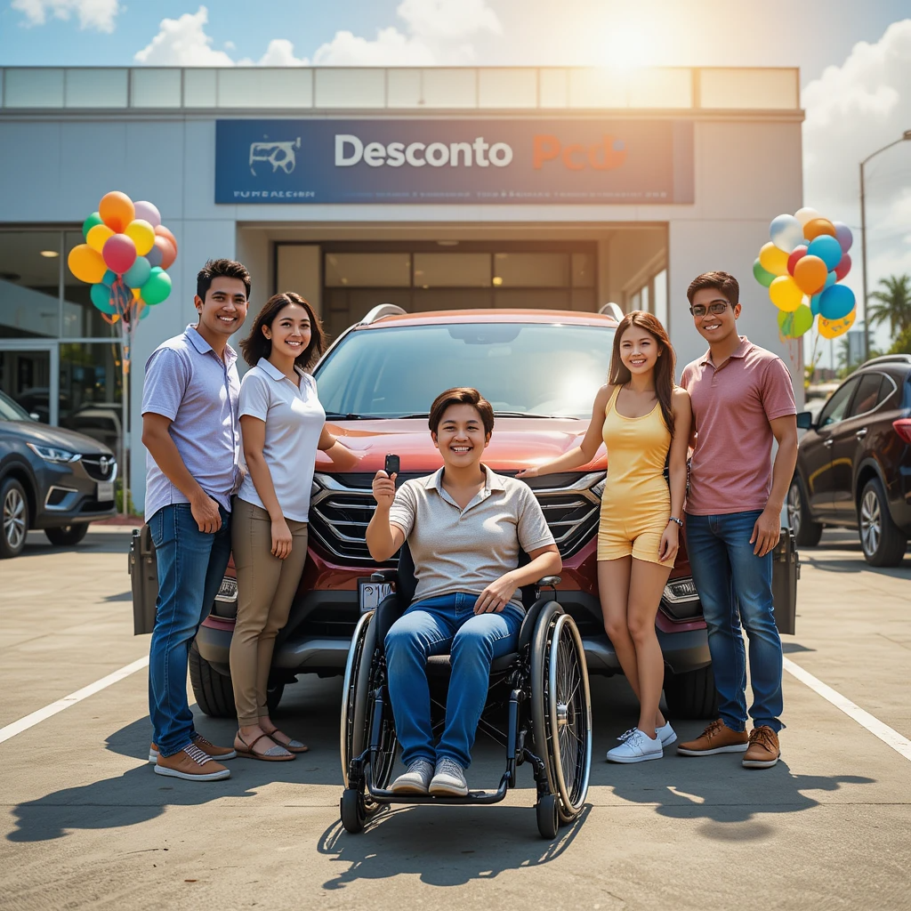 Uma família brasileira sorridente posa em frente a um SUV novo em uma concessionária ensolarada. Uma pessoa em cadeira de rodas segura as chaves do carro, com balões coloridos ao fundo e um letreiro indicando 'Desconto PcD'.