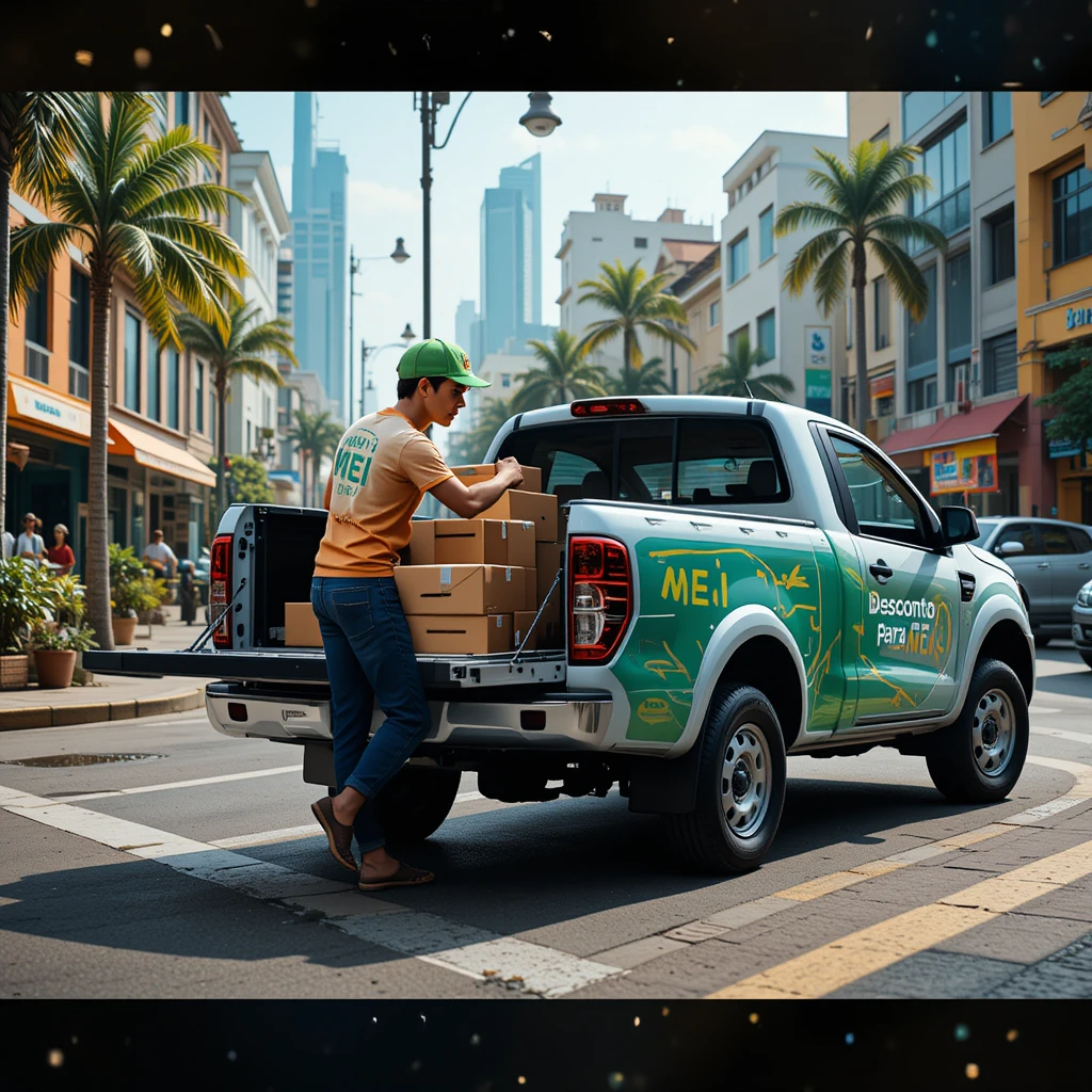 Um microempreendedor brasileiro descarrega pacotes de uma picape nova em uma rua urbana vibrante. A picape exibe um logotipo de pequeno negócio e um adesivo com 'Desconto para MEI', com palmeiras e prédios coloridos ao fundo.