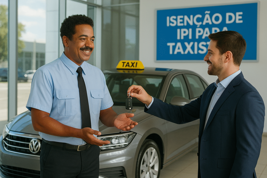 Um taxista brasileiro, em uniforme, recebe as chaves de um sedã com placa de táxi em uma concessionária moderna. Um banner ao fundo destaca 'Isenção de IPI para Taxistas', em um ambiente profissional e iluminado.