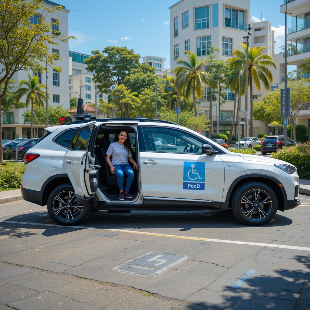 Um SUV novo com adesivo PcD está estacionado em uma vaga reservada com símbolo de acessibilidade em um estacionamento brasileiro. Uma pessoa com deficiência sai do carro sorrindo, com uma cidade verdejante ao fundo.
