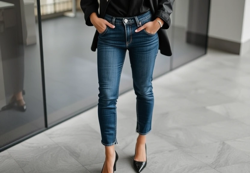 Representação visual de Descubra 11 combinações incríveis de calça jeans e scarpin preto para brilhar no trabalho