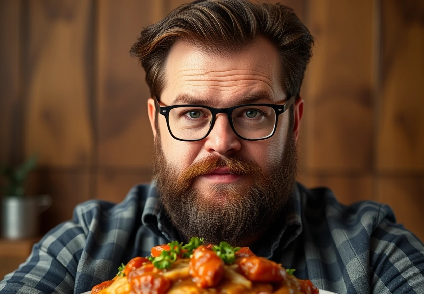 Representação visual de Nick Offerman Revela o Segredo do Amor: Gravy na Barba e a Deusa que é sua Esposa